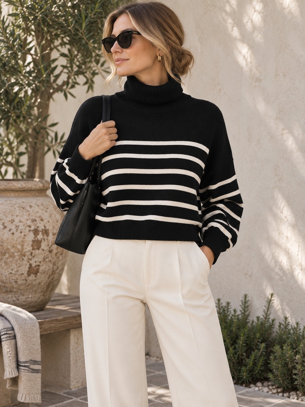 Pistache Italian Knit Sweater S Black Cream Striped Turtleneck Old Money Preppy